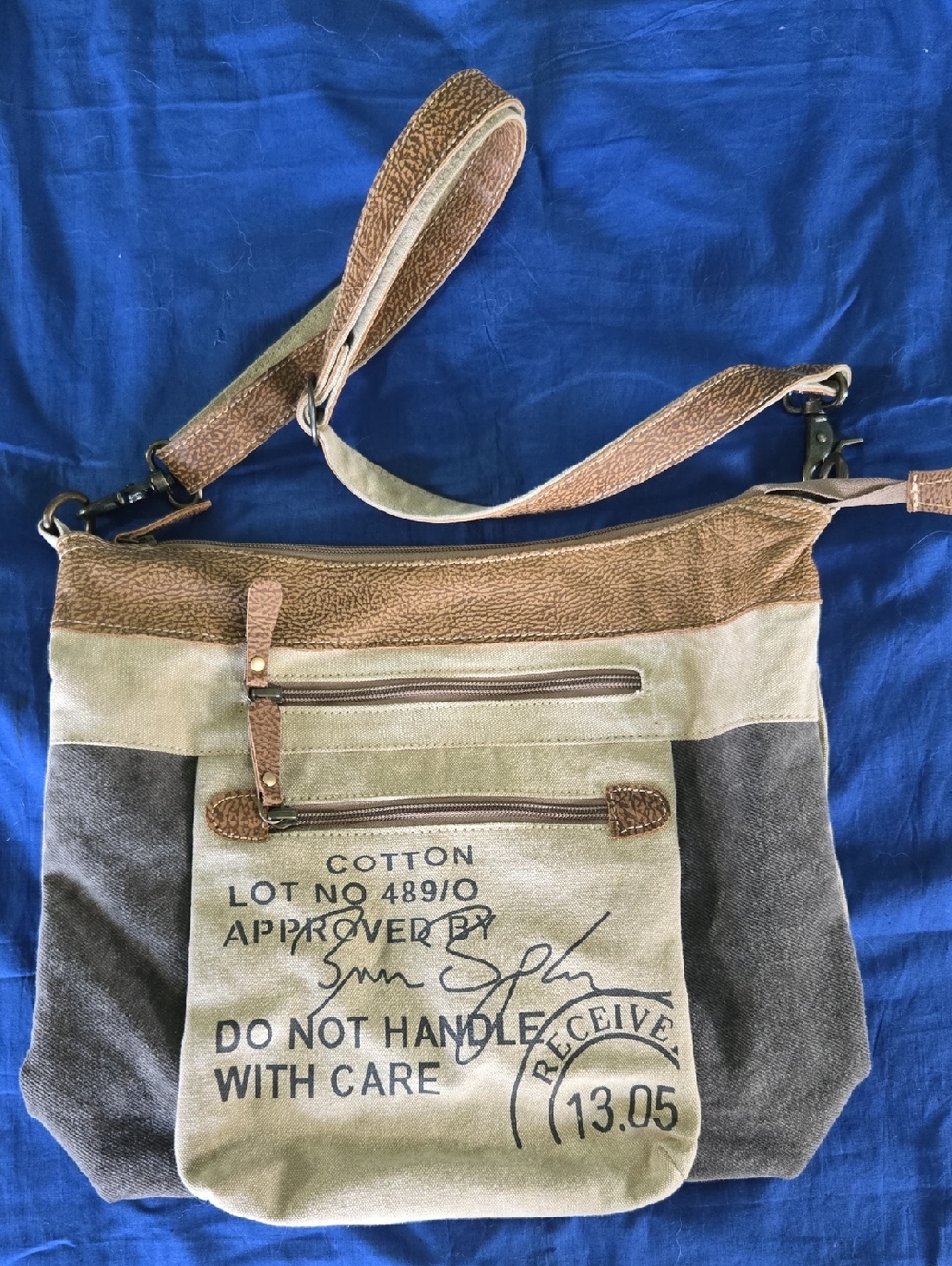 Myra Canvas & Leather Casual Crossbody Bag - Charcoal/Brown/Tan